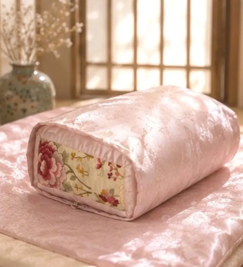 Korean Traditional Silk Pillow - Pink Floral Hand Embroidered.